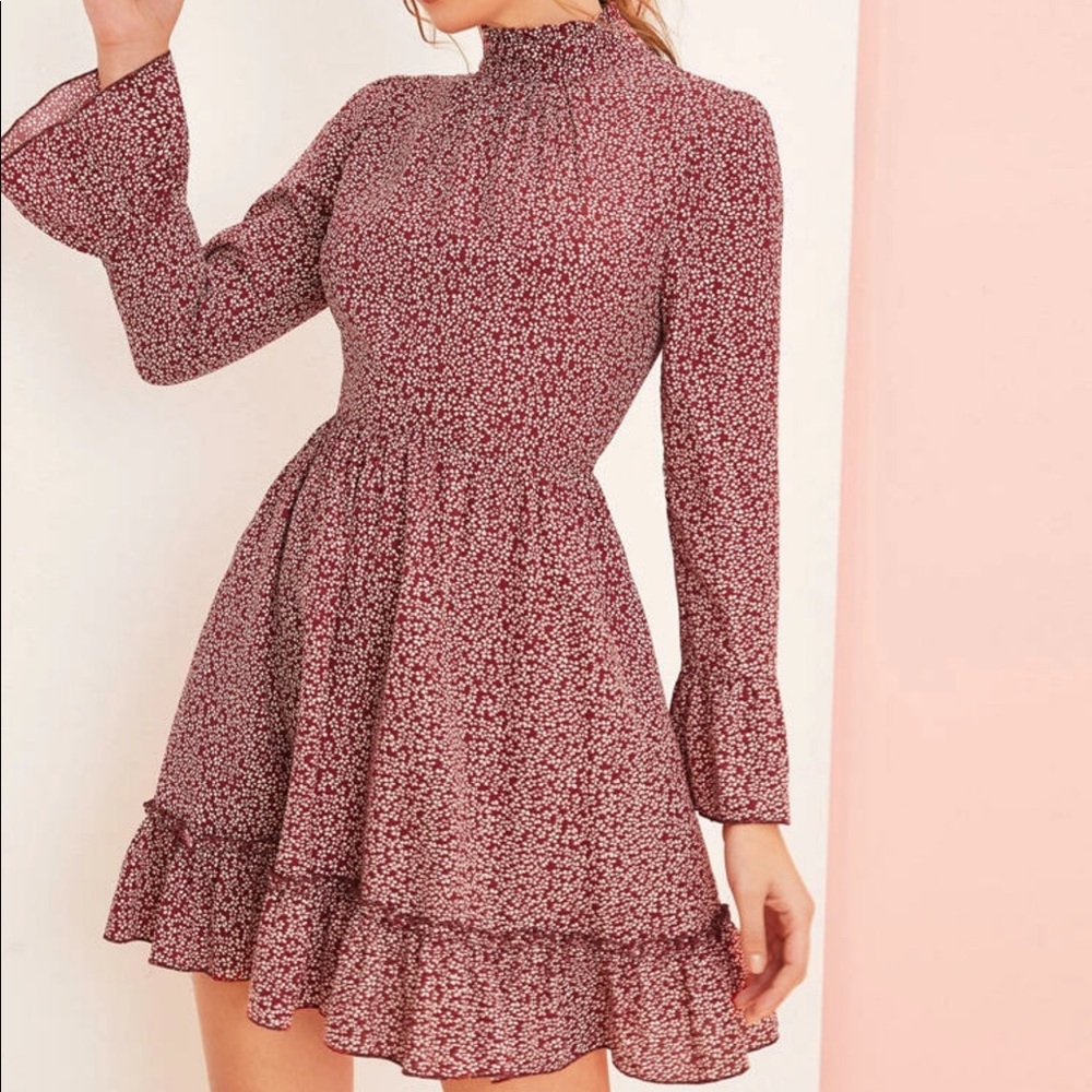 SHEIN Burgundy Floral Bell Sleeve Dress!